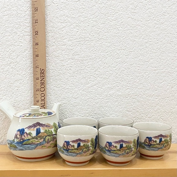 Vintage Japanese Kyusu Hand-painted Teapot Village Scene Teapot & 5 Cups Set - Picture 5 of 15